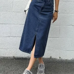 Women Solid Pencil Blue Skirt