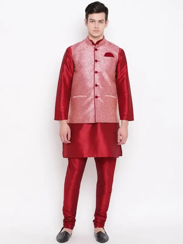 Men Pure Silk Kurta Churidar Ethnic Jacket Set