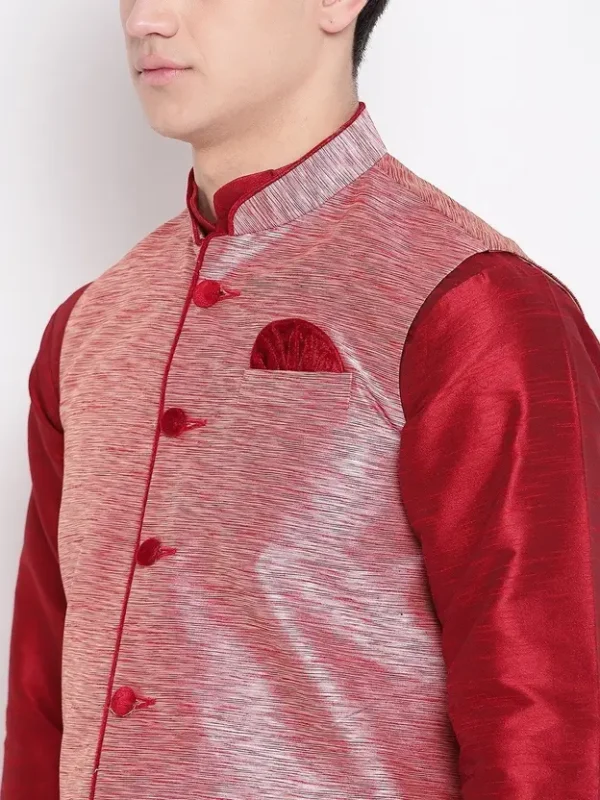 Men Pure Silk Kurta Churidar Ethnic Jacket Set - Image 3