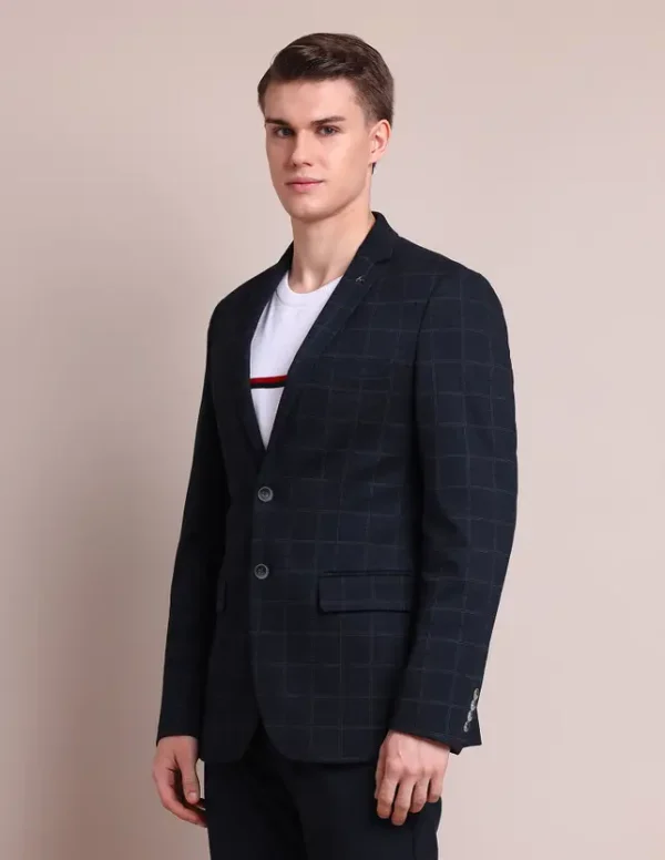 Men Checkered Single Breasted Casual Blazer  (Blue) - Image 4