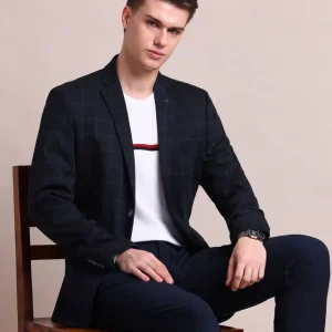 Men Checkered Single Breasted Casual Blazer  (Blue)