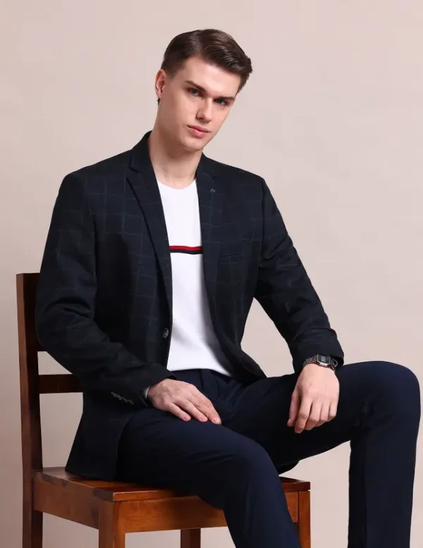 Men Checkered Single Breasted Casual Blazer  (Blue)