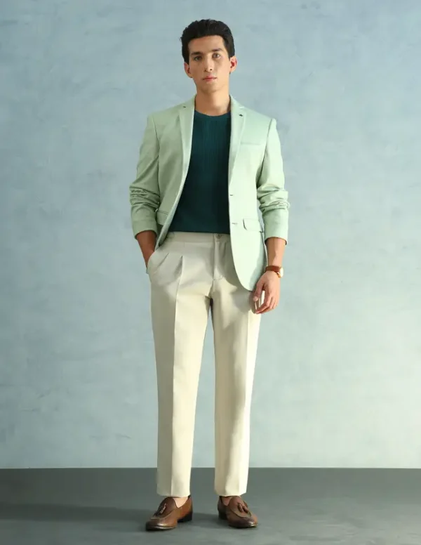 Men Solid Single Breasted Formal Blazer  (Green)
