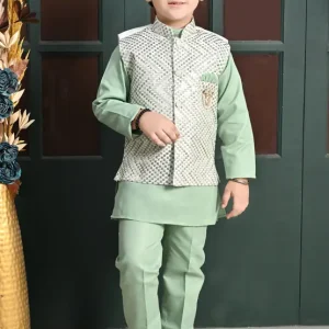 Boys Festive & Party, Wedding Kurta, Waistcoat and Pyjama Set  (Green Pack of 1)