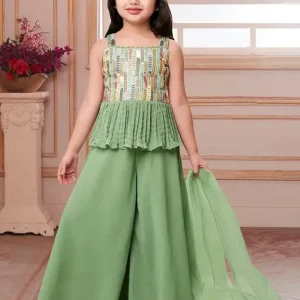 Girls Wedding Kurta and Palazzo Set  (Green Pack of 1)