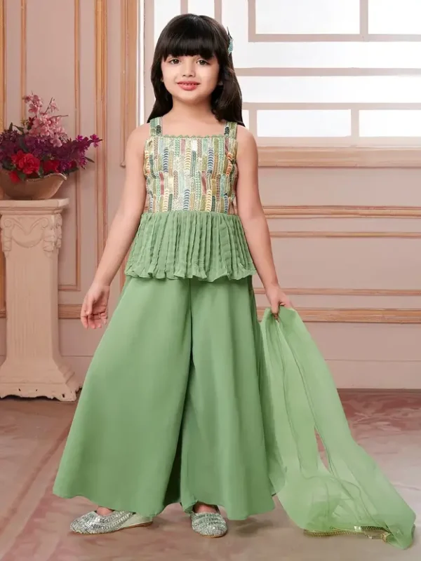 Girls Wedding Kurta and Palazzo Set  (Green Pack of 1)