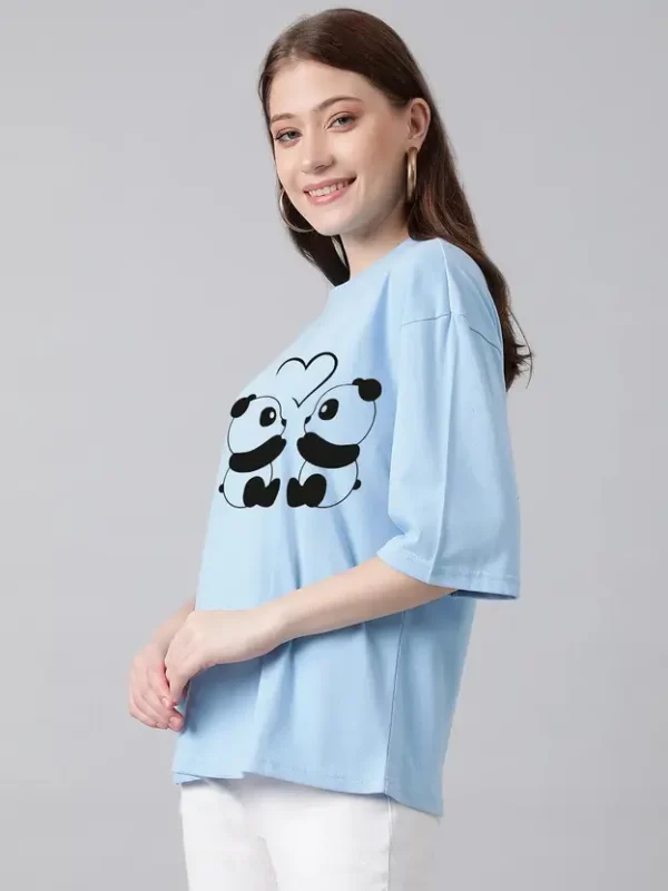 Women Printed Round Neck Cotton Blend Light Blue T-Shirt - Image 4