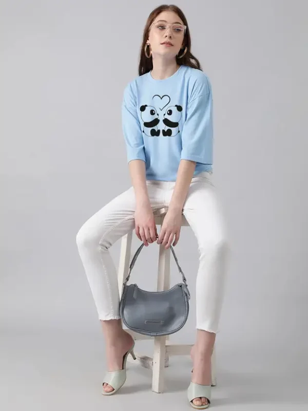 Women Printed Round Neck Cotton Blend Light Blue T-Shirt - Image 3