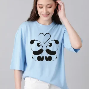 Women Printed Round Neck Cotton Blend Light Blue T-Shirt