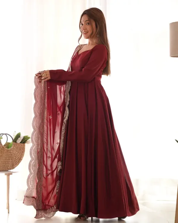 Anarkali Gown with Dupatta & Pant Solid Anarkali Kurta, Bottom & Dupatta Set - Image 3