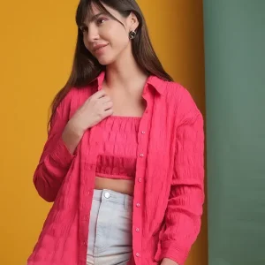 Women Regular Fit Solid Cut Away Collar Casual Shirt
