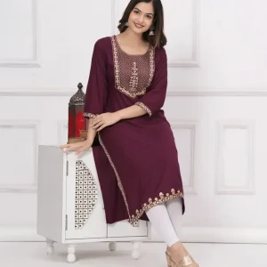 Women Embroidered, Embellished Viscose Rayon Straight Kurta  (Red)