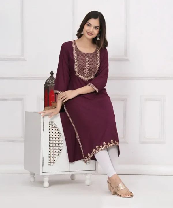 Women Embroidered, Embellished Viscose Rayon Straight Kurta  (Red)