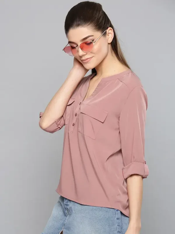 Casual Roll Up Sleeves Solid Women Pink Top - Image 4