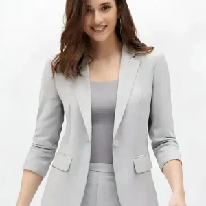 Women Solid Single Breasted Formal Blazer  (Grey)