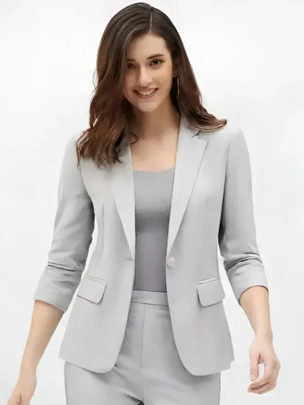 Women Solid Single Breasted Formal Blazer  (Grey)