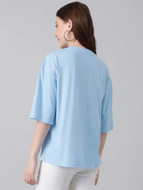 Women Printed Round Neck Cotton Blend Light Blue T-Shirt - Image 2