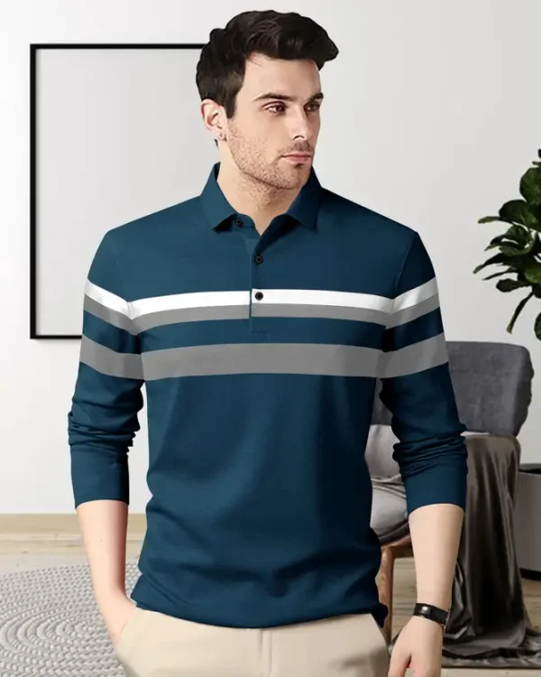 Men Striped Polo Neck Cotton Blend Green T-Shirt - Image 3
