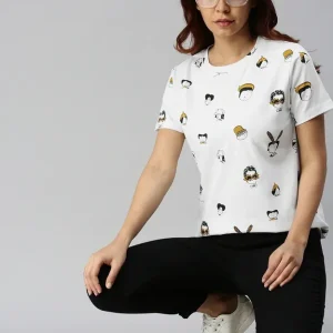 Women Printed Round Neck Pure Cotton White T-Shirt