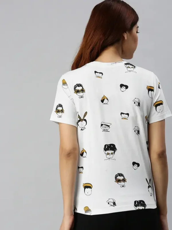Women Printed Round Neck Pure Cotton White T-Shirt - Image 2