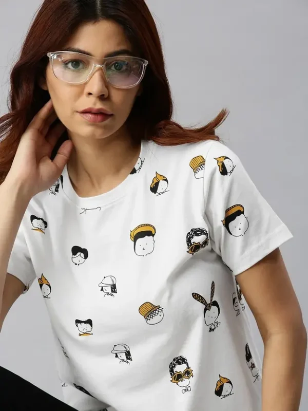 Women Printed Round Neck Pure Cotton White T-Shirt - Image 3