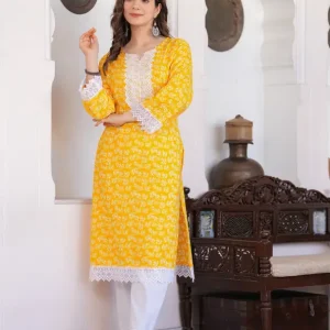 Women Printed Viscose Rayon Straight Kurta  (Yellow)