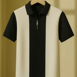 Men Striped Zip Neck Cotton Blend White, Dark Blue T-Shirt