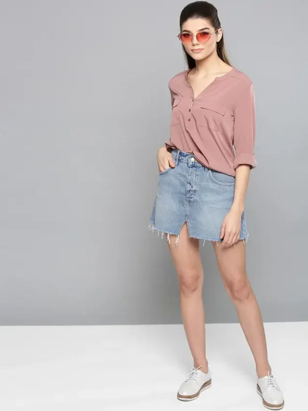 Casual Roll Up Sleeves Solid Women Pink Top - Image 2