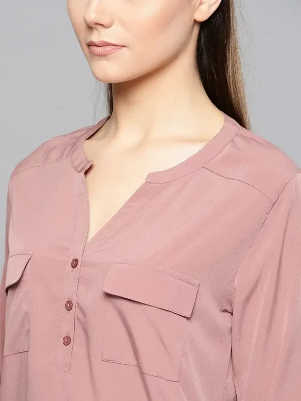 Casual Roll Up Sleeves Solid Women Pink Top - Image 3