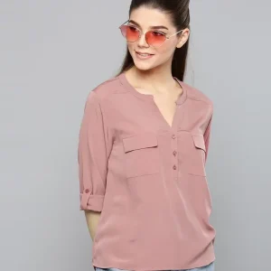 Casual Roll Up Sleeves Solid Women Pink Top