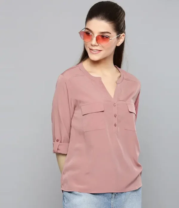 Casual Roll Up Sleeves Solid Women Pink Top
