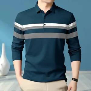 Men Striped Polo Neck Cotton Blend Green T-Shirt
